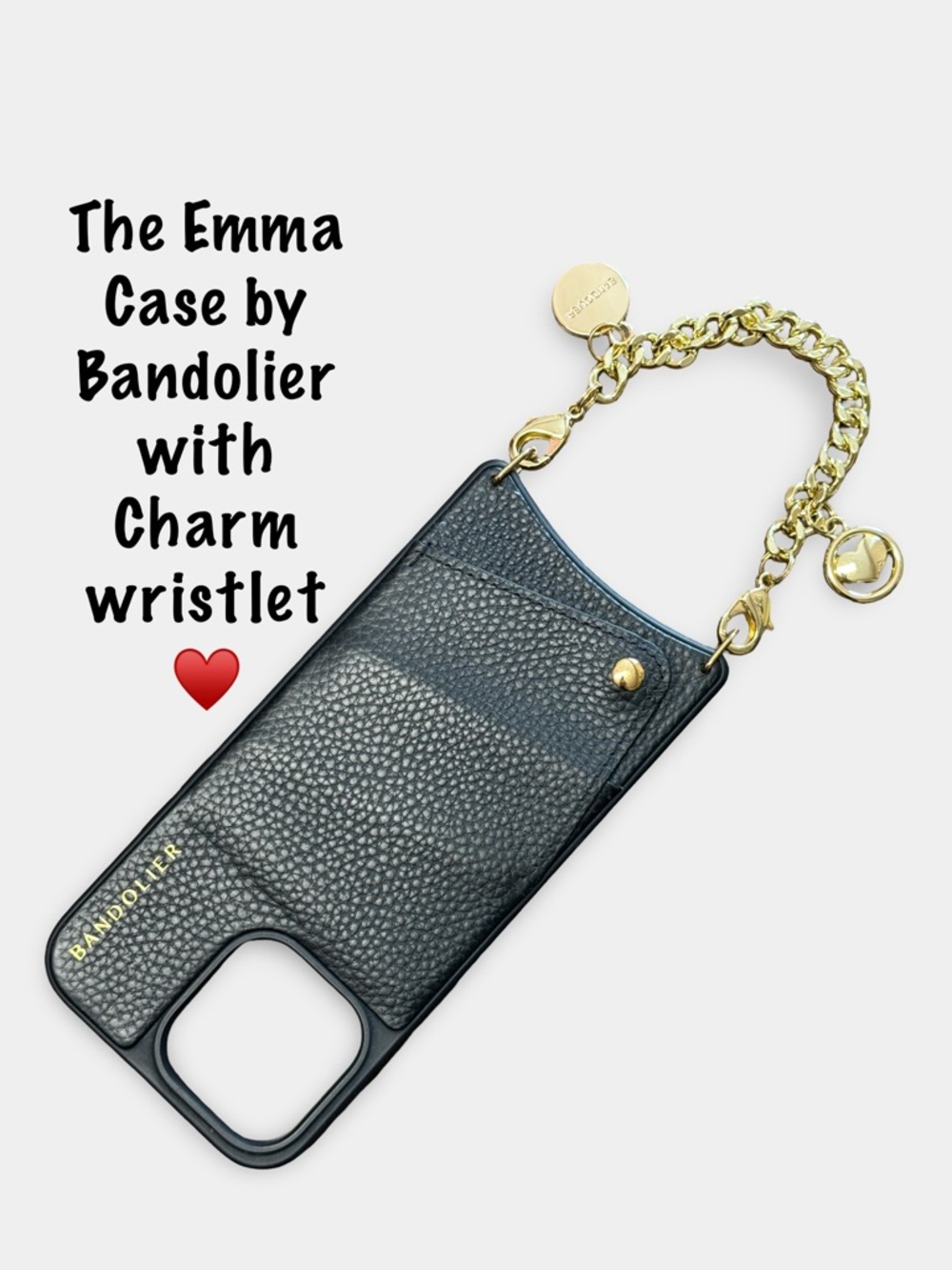 Bandolier Emma Case in Black Pebble Leather with Charm Wristlet for 14 Pro Max